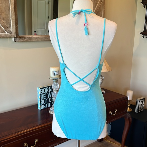 Sky Blue One Piece Criss Cross Back Swimsuit - Picture 6 of 7